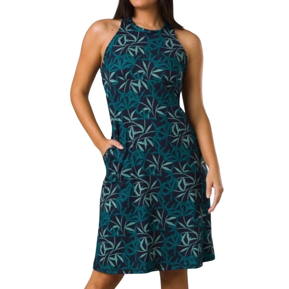 Prana Jewel Lake Halter Dress Tropical Leaves Blue Green Built in Bra Outdoor XS